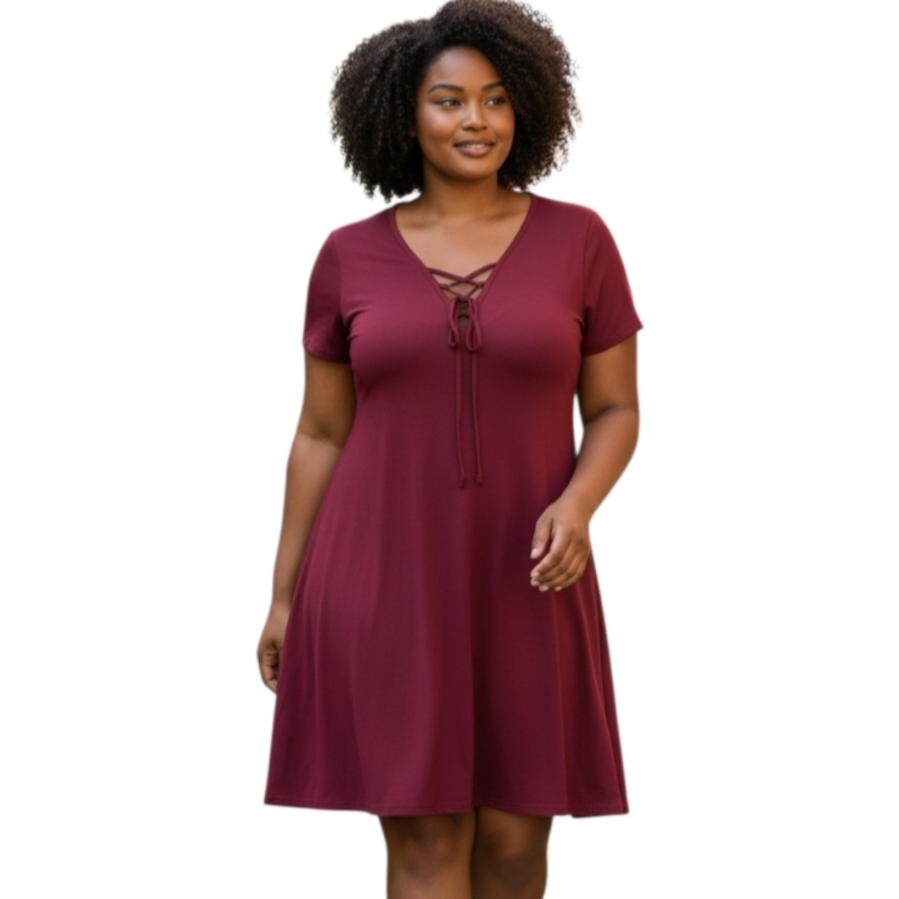 SOUL HARMONY ENERGY SHE RED LACE UP V-NECK DRESS SZ.1X EUC